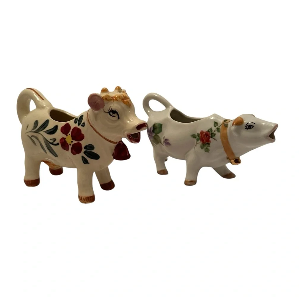 Ceramic Cow Creamer Pitchers Set of 2 Hand Painted Floral Farmhouse Home Decor - Picture 1 of 12